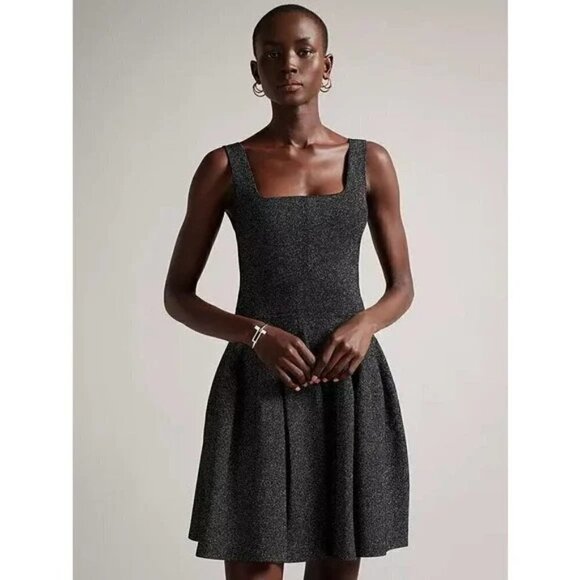 TED BAKER London Glitzia Square Neck Sleeveless Metallic Skater Dress in Black - Picture 12 of 13